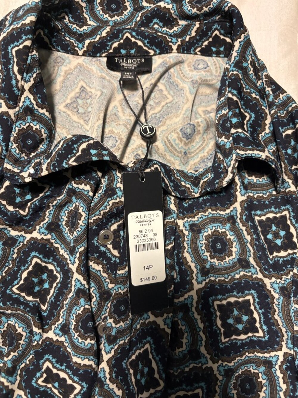 Talbots Button-up Tie Waist Dress Womens Size 14P Blue Multicolor NEW - Picture 3 of 6